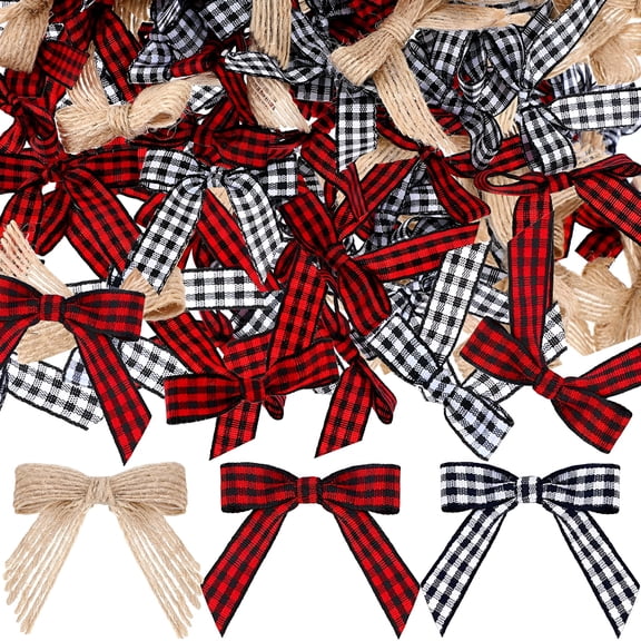 FURMORA Christmas Mini Plaid Bows Burlap Bows Buffalo Plaid Bows Gingham Ribbon Bows Ornament for Christmas Tree Crafts Home Decoration DIY Making