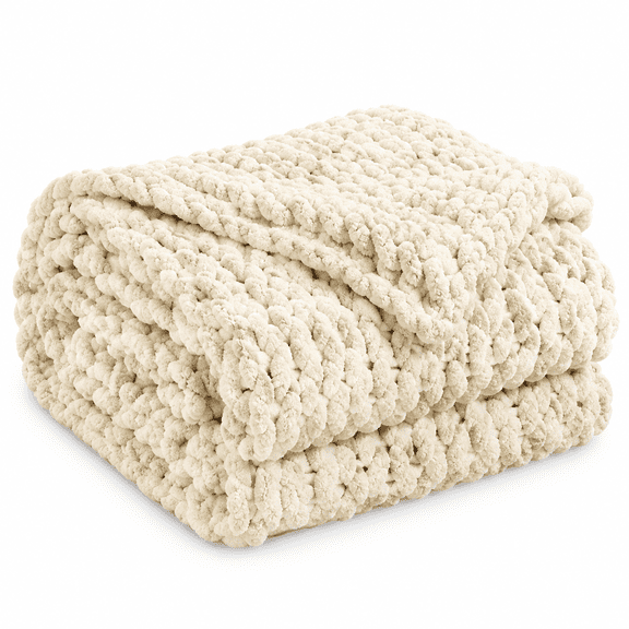 FURMORA Chunky Knit Blanket Throw, Hand Knit Chenille Throw Blanket for Sofa & Home Decor,Chunky Throw Blanket Soft and Cozy Knitted Throw Blankets (Ivory,40"X50")