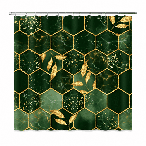 FURMORA Dark Green Shower Curtain Emerald Marble Bath Curtain Gold Decor Leaves Geometric Fabric Bathroom Shower Curtains