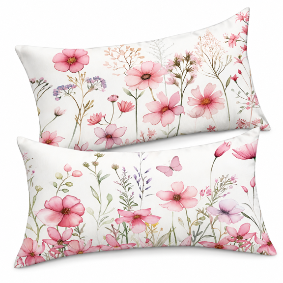 FURMORA Floral Throw Pillow Covers 12x20 Set of 2 Spring Summer Outdoor Decor Lumbar Pillow Cases for Home Couch Decorations Pink