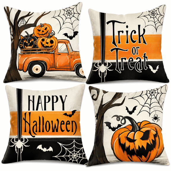 FURMORA Happy Halloween Decorative Throw Pillow Covers 20 X 20 Set of 4,Trick Or Treat Pumpkin Truck Porch Patio Outdoor Pillowcase,Jack O Lantern Bat Spider Fall Holiday Cushion Case Home Decor