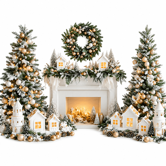 FURMORA Polyester Christmas Fireplace Photography Backdrop Vintage Xmas Tree Sock Background Santa Gift Party Decorations Portrait Photo Banner Booth Props with Four Holes Easy to Hang 59X70.8In