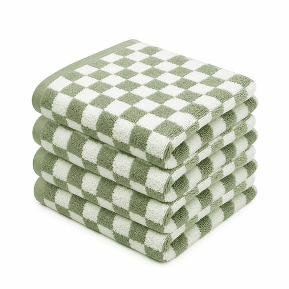 FURMORA Retro Checkerboard Pattern Long-staple Cotton Face Towel Daily Use Plaid Pattern Bath Towels(Green-4PCS)