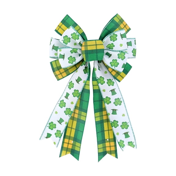 FURMORA St Patricks Day Bow for Wreath Decoration Prop,Green Clover Bow for Wreaths,White Green Glitter Shamrock Bowknot Irish Holiday Crafts Bows for Front Door Outdoor Outside