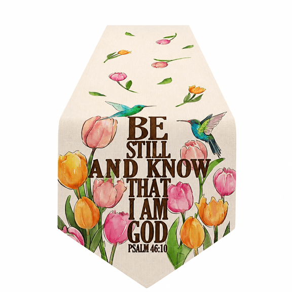 FURMORA Be Still and Know That I Am God Easter Table Runner,Religious Faith Cross Tulip Flower Hummingbird Kitchen Dining Table Decor,Christian Home Decoration Indoor Outdoor Party Supply