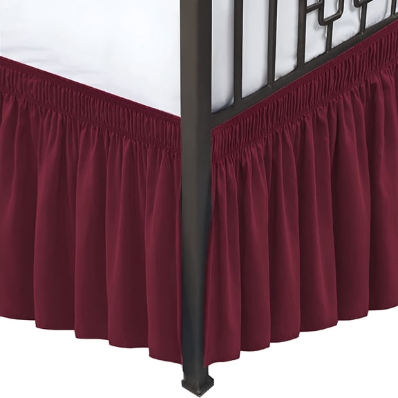 FURMORA Wrap Around Bed Skirts with Split Corners for Queen Beds 14" Drop,Burgundy Elastic Dust Ruffles Adjustable Easy Fit Wrinkle&Fade Resistant Silky Luxurious Fabric Machine Washable