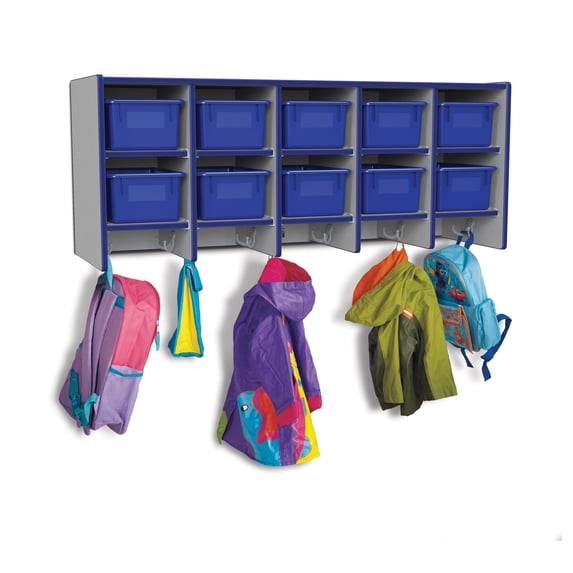 10 Section Wall Mount Coat Locker - with Trays - Blue