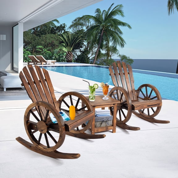 FURNDOOR 3 PCs Patio Rocking Chair Set, Outdoor Wooden Rocker Bistro Set with Coffee Table Wagon Wheel Rustic Chairs