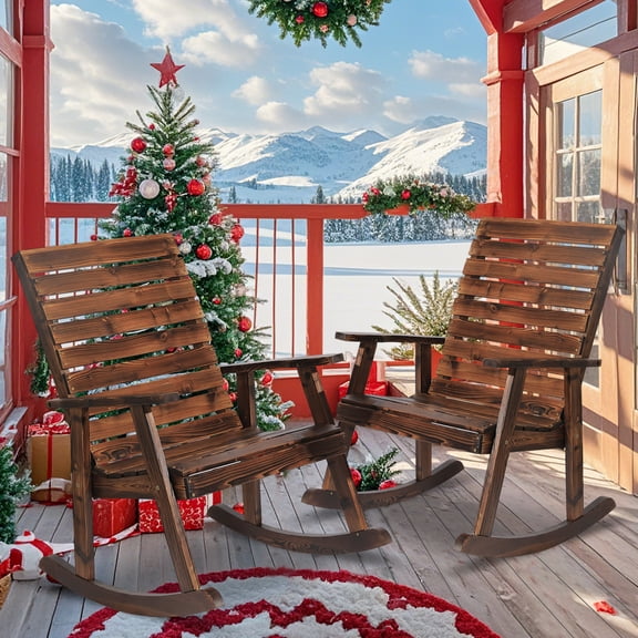 FURNDOOR Outdoor Rocking Chairs Set of 2, Patio Wood Rocker Chairs High Back 2PCS Rocking Chairs for Deck, Garden, Backyard, Porch