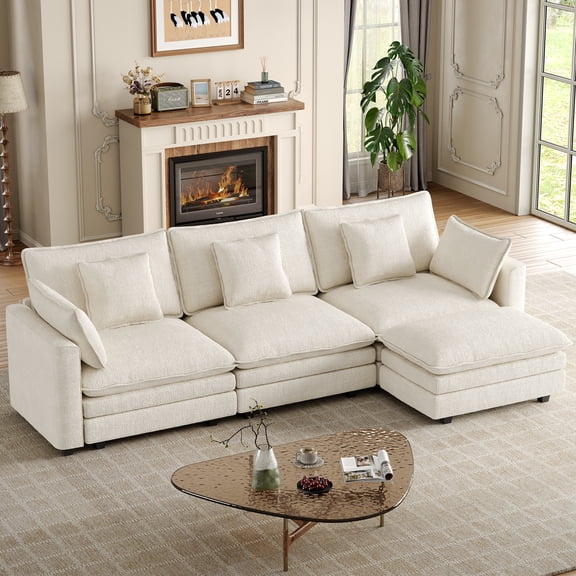 FURNIDECO 118" Modular Sectional Sofa with Movable Ottoman, Oversized L Shaped Couch with Throw Pillow, 3-Seater Comfy Cloud Couch for Living Room, Chenille, Cream White (3-Seat & 1-Ottoman)