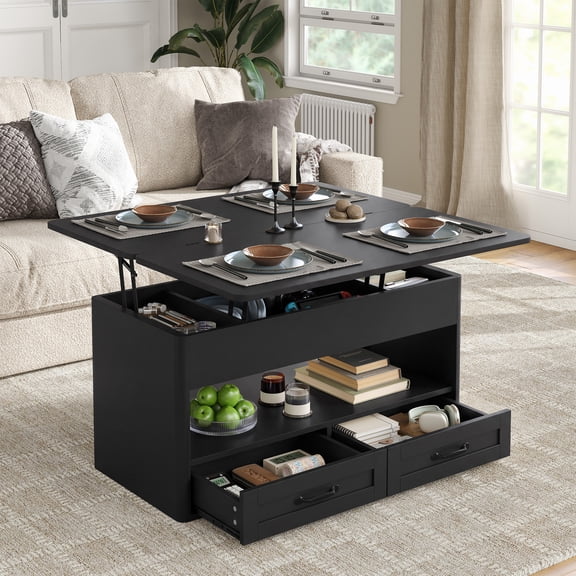FURNIDECO 36.3''W Lift Top Coffee Table with Storage, Wood Coffee Table with Lifting Top, Center Table with Open Shelf and 2 Drawers, for Living Room, Home Office, Black