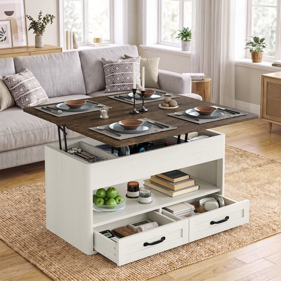 FURNIDECO 36.3''W Lift Top Coffee Table with Storage, Wood Coffee Table with Lifting Top, Center Table with Open Shelf and 2 Drawers, for Living Room, Home Office, White, Brown Tabletop