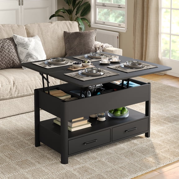 FURNIDECO 36.3''W Lift Top Coffee Table with Storage, Wood Coffee Table with Lifting Top, Modern Center Table with Open Shelf and 2 Drawers, for Living Room, Home Office, Black