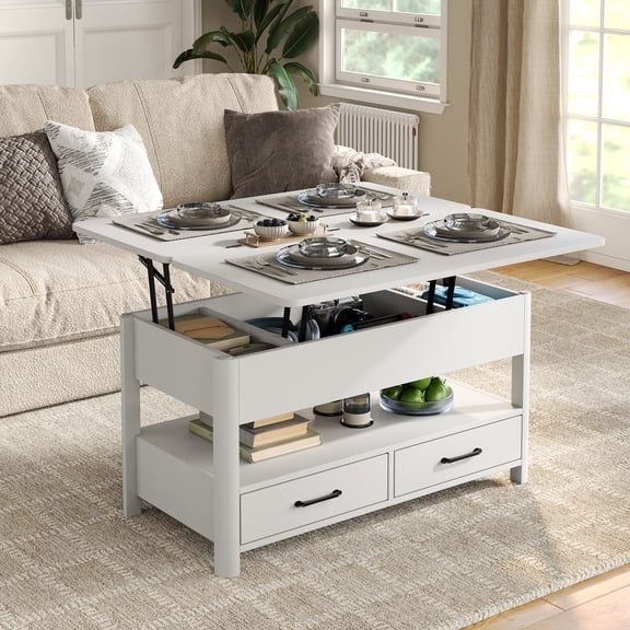 FURNIDECO 36.3''W Lift Top Coffee Table with Storage, Wood Coffee Table with Lifting Top, Modern Center Table with Open Shelf and 2 Drawers, for Living Room, Home Office, White