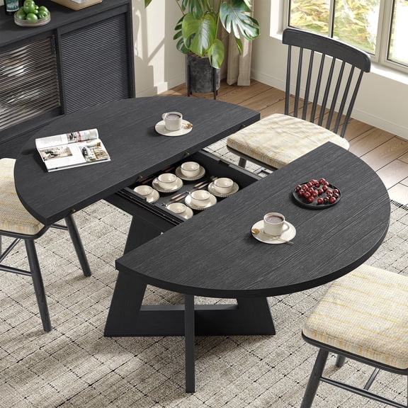 FURNIDECO Extendable Round Dining Table for 4-8,Modern Kitchen Oval Dining Table with Removable Leaves Space Saving,Wood Base for Kitchen Living Room (Black)