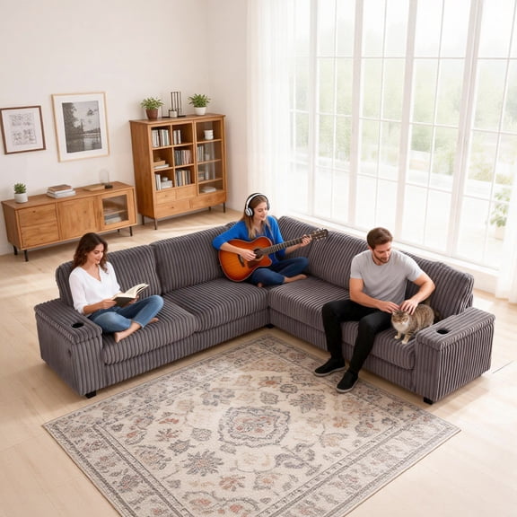 FURNINEST 110" Sectional Couch for Living Room, Oversized L-Shaped Corduroy Modular Corner Sofa with Storage Spaces, Deep Seats, USB Type C Charging Port & Cup Holder, Gray