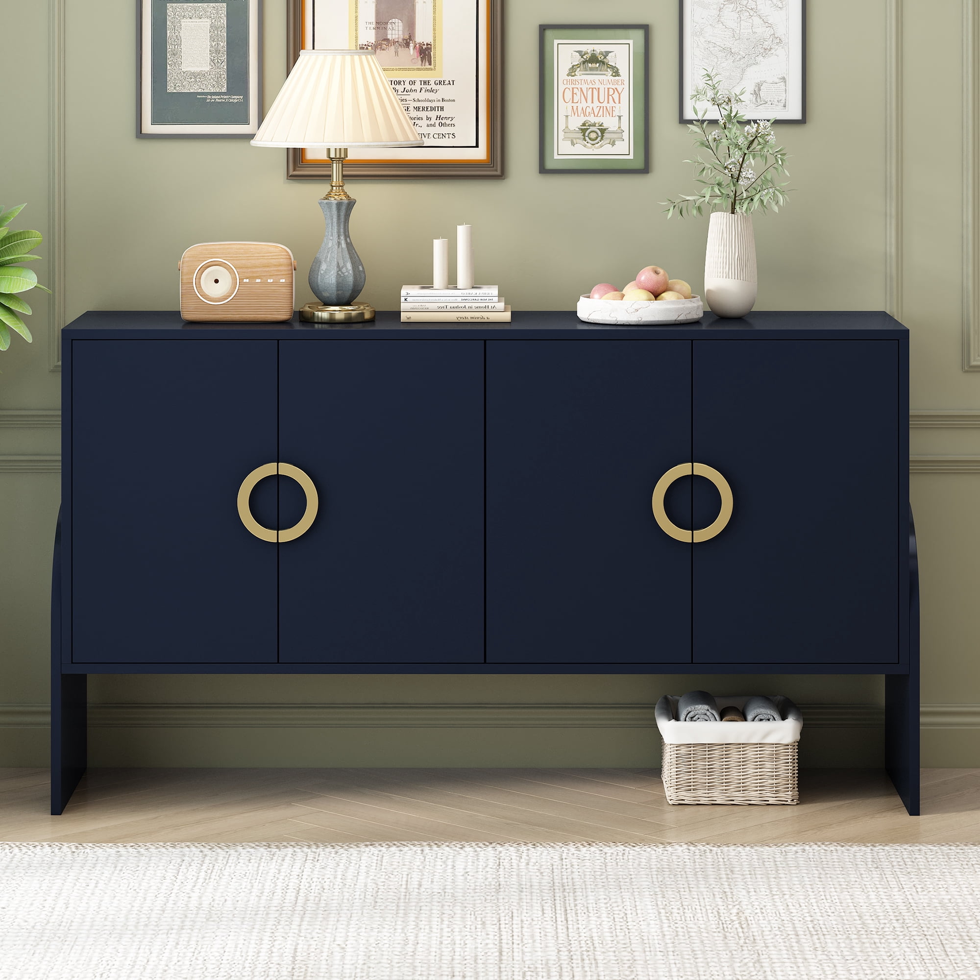 FURNINEST 4-Door Accent Cabinet, Buffet Cabinet with Unique Curved Legs and Adjustable Shelves ...