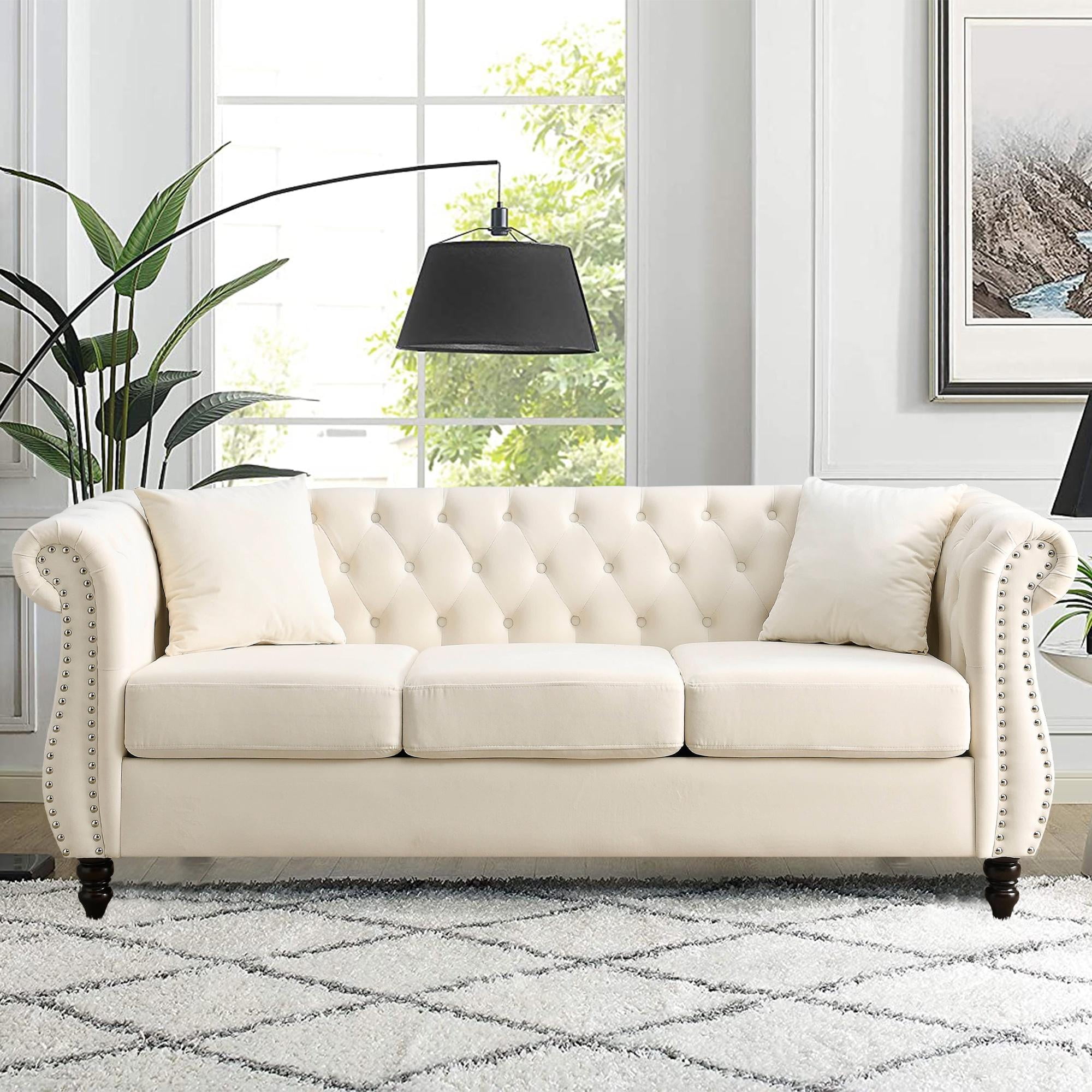 FURNINEST Living Room Sofa Furniture, Mid-Century 3-Seat Couches and Sofas, Velvet Upholstered Sofa Sofa with 2 Pillows and Wood Legs, Velvet Sofa for Living Room Bedroom, 80"L x 29"W x 30"H, Beige