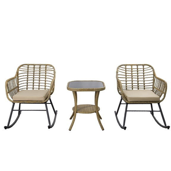 FURNITURE ONE 3-Piece Patio Conversation Bistro Set, Outdoor Wicker Rocking Chair Set Furniture with Round Tempered Glass Top Table & 2 Rattan Armchairs for Garden, or Backyard