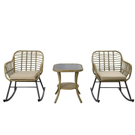 FURNITURE ONE 3-Piece Patio Conversation Bistro Set, Outdoor Wicker Rocking Chair Set Furniture with Round Tempered Glass Top Table & 2 Rattan Armchairs for Garden, or Backyard