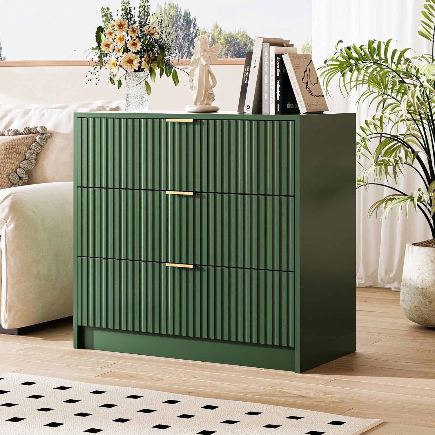 FURNIWAY 3 Drawer Fluted Dresser, 32 Inch Wide Nightstand with Large Drawer, 3 Drawer End Table for Bedroom, Living Rooms, Offices and Entryways,Green