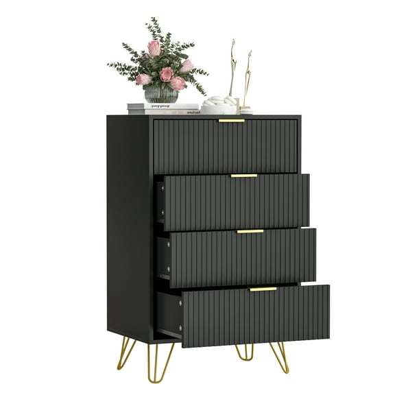 FURNIWAY 4 Drawer Dresser for Bedroom, Black Bedroom Dresser with Gold Handles, Tall Chest of Drawers for Kids Room, Small Wood Storage Tower for Living Room, Entryway