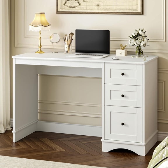 FURNIWAY 48" White Computer Desk with 3 Drawers, Modern Writing Desk with Storage for Home Office or Study
