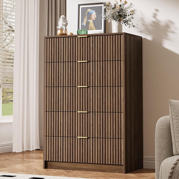 FURNIWAY 5 Drawer Dresser for Bedroom, Tall Dresser Chest of Drawers with Gold Handles, 32 Inch Wide Nightstand with for Bedroom, Living Rooms, Offices, and Entryways, Walnut