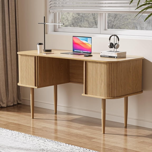 FURNIWAY 55 Inch Natural Wood Writing Desk with Storage Sliding Doors for Home Office Dorm Living Room Study