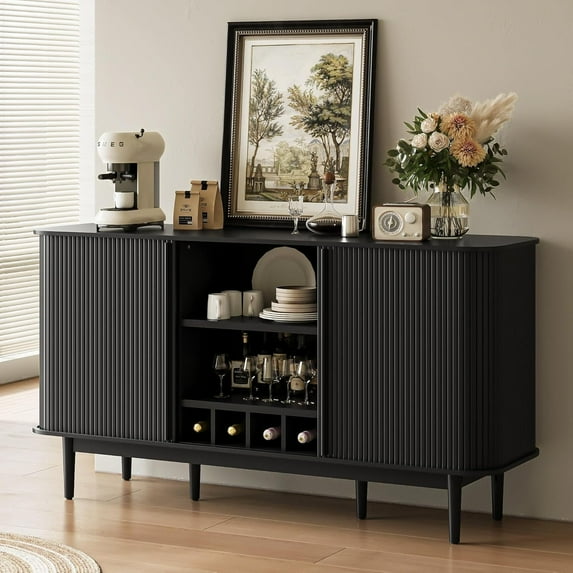 FURNIWAY 59" Wine Bar Cabinet with Storage, Sideboard Buffet Cabinet with Fluted Slide Doors, Modern Coffee Bar Table with 4 Wine Racks for Living Room, Kitchen, Entryway, Black