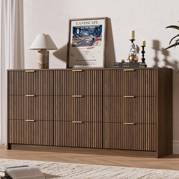 FURNIWAY 9 Drawer Dresser for Bedroom, 63" Wide Modern Fluted Dresser with Gold Metal Handles, Chest of Drawers for Bedroom, Living Room, Entryway, Hallway, Walnut