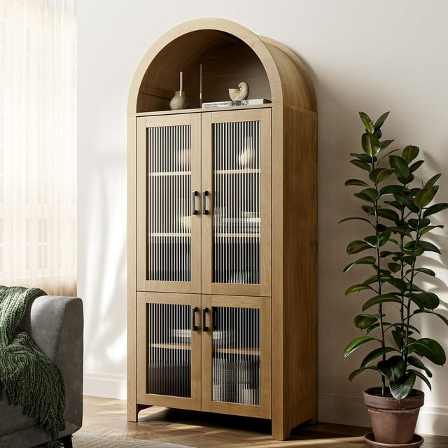 FURNIWAY Arched Storage Cabinet 70.8" Tall, Natural Wood Display Cabinet with 2 Glass Doors & Anti-Tip Device, Freestanding Organizer for Living Room, Bedroom