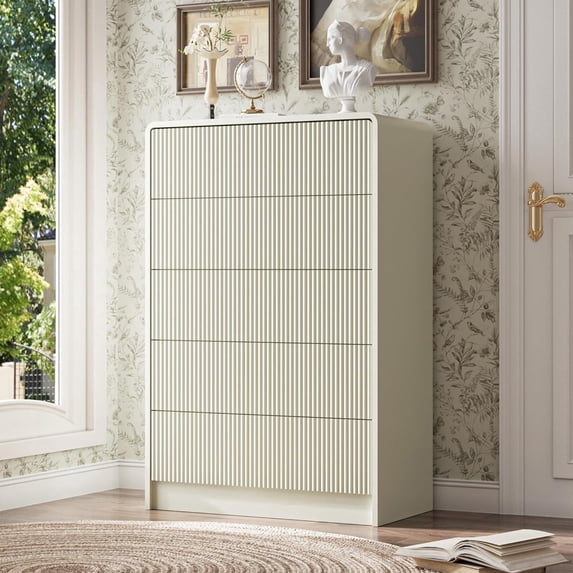 FURNIWAY Beige 5 Drawer Dresser Modern Curved Storage Cabinet with Push to Open Drawers for Bedroom Living Room Entryway