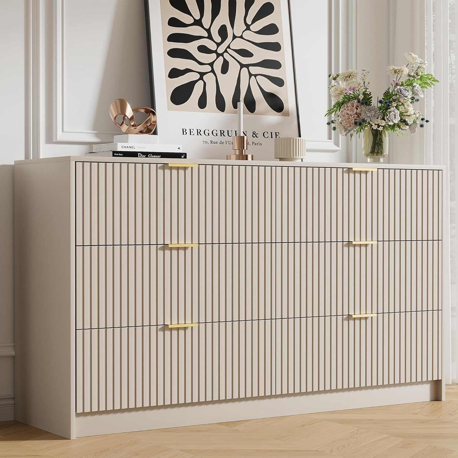 FURNIWAY Beige 6 Drawer Dresser for Bedroom, 55 Inch Wide Modern Chest of Drawers with Fluted Wood Front and Gold Metal Handles for Living Room Hallway