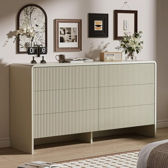 FURNIWAY Beige Curved 6 Drawer Dresser, Modern Long Dresser for Bedroom, Living Room, or Entryway, Push to Open Storage Chest, Minimalist Scandinavian Style