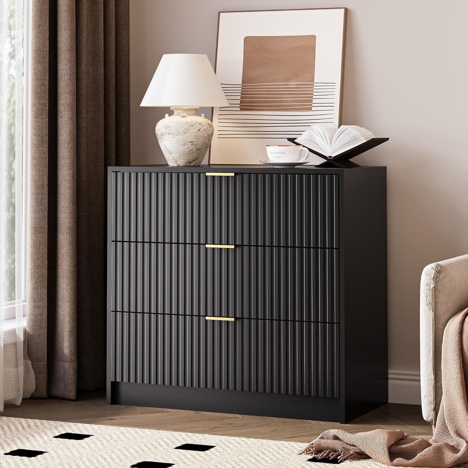 black fluted dresser FURNIWAY 3 Drawer Dresser, 32 Inch Nightstand for Bedroom Living Room Office Entryway it ensures durability and smooth drawer operation Furniway Black 3 Drawer Fluted