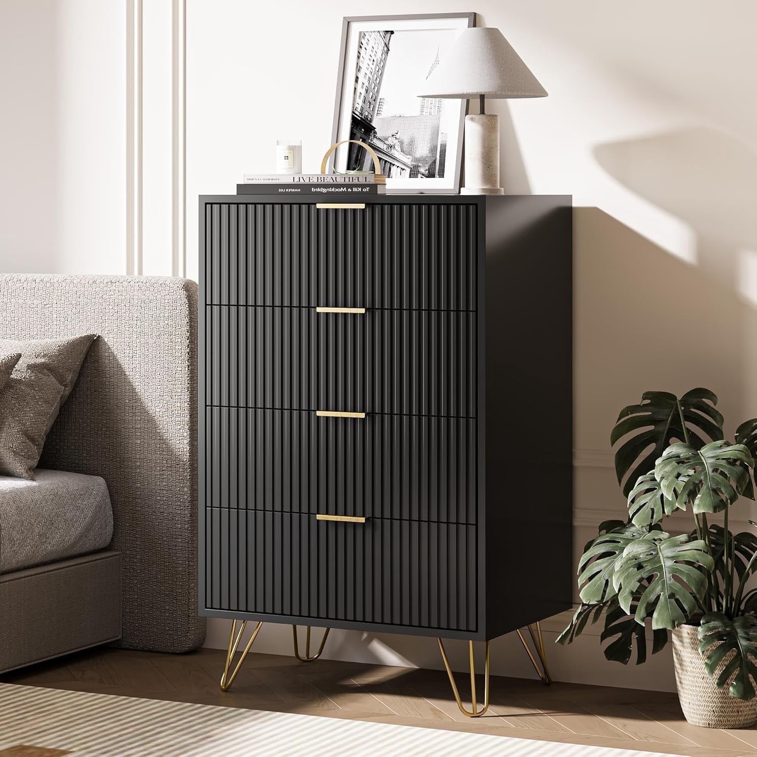 FURNIWAY Black 4 Drawer Dresser with Gold Handles, Fluted Wood Chest Nightstand for Bedroom, Living Room, Entryway