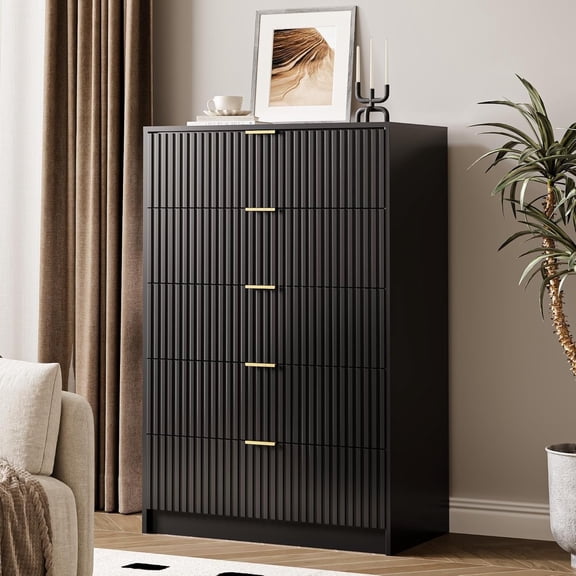 FURNIWAY Black 5 Drawer Dresser, 32 Inch Wide Chest with Gold Handles for Bedroom Living Room Office