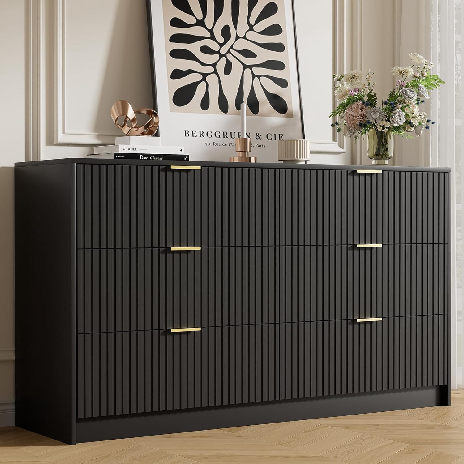 black dresser gold hardware FURNIWAY 6 Drawer for Bedroom, 55 Inch Wide Modern Chest of Drawers with Fluted Wood Front and Metal Handles for Living Room two tone black and wood dresser