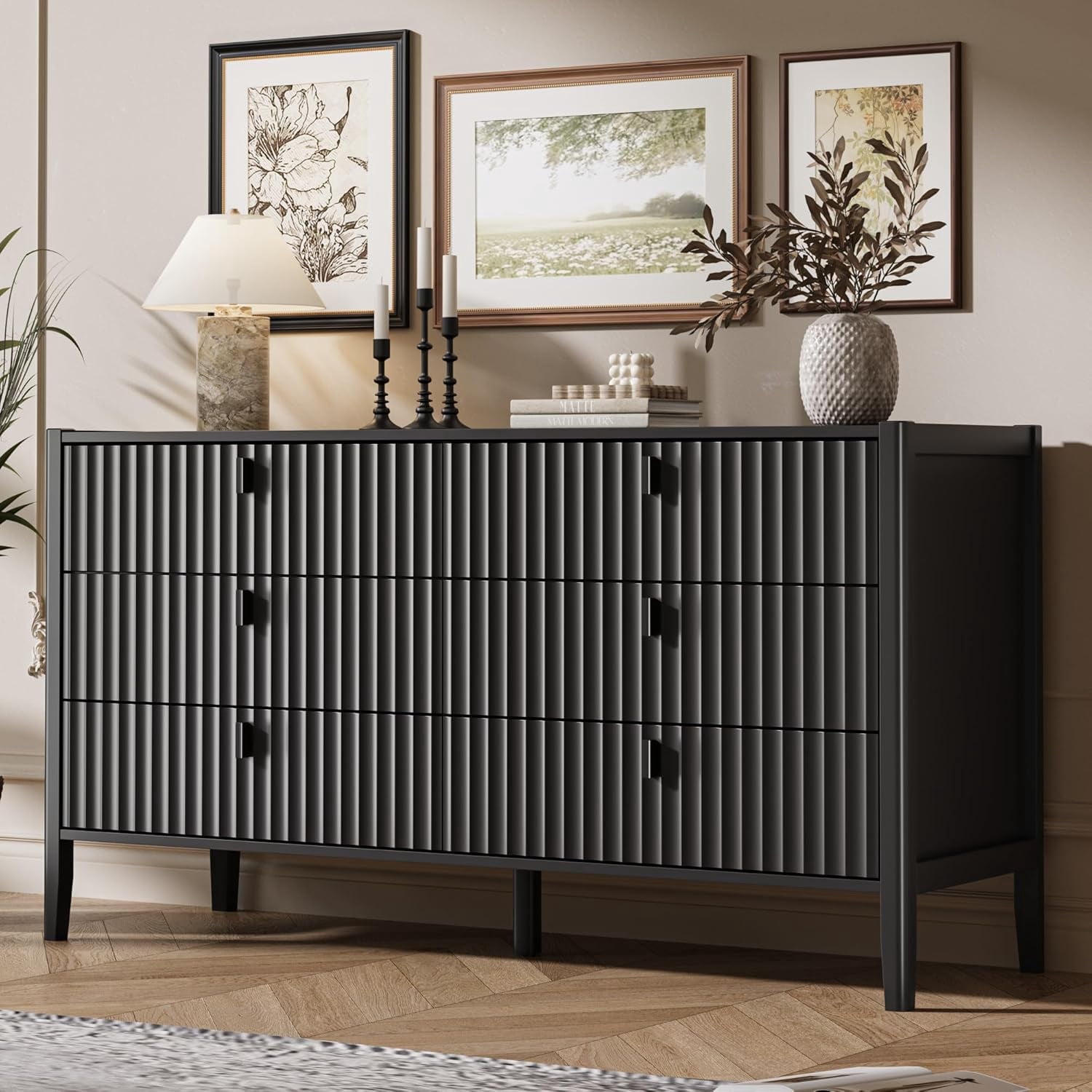 FURNIWAY Black 6 Drawer Dresser for Bedroom, Modern Wood Dresser, Fluted Design Double Chest of Drawers with Wood Legs, TV Stand Storage Cabinet for Bedroom, Living Rooms, Offices, and Entryways