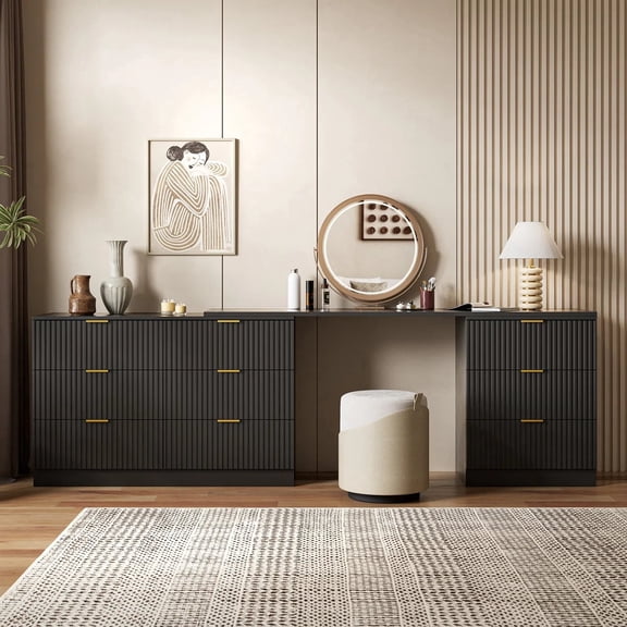FURNIWAY Black 71 Inch L Shaped Rotatable 9 Drawer Dresser, Modern Fluted Chest of Drawers with Gold Handles for Bedroom Living Room Entryway
