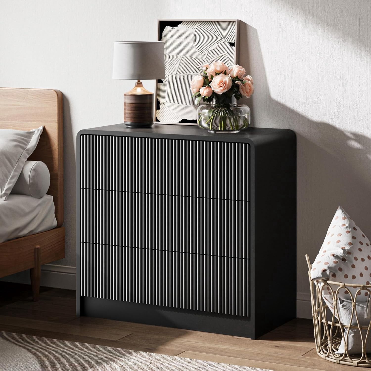 black curved dresser FURNIWAY 3 Drawer 31.5 Inch Wide Modern Curved Storage Chest with Push to Open Drawers for Bedroom Living Room Entryway Fluted Dresser for Bedroom
