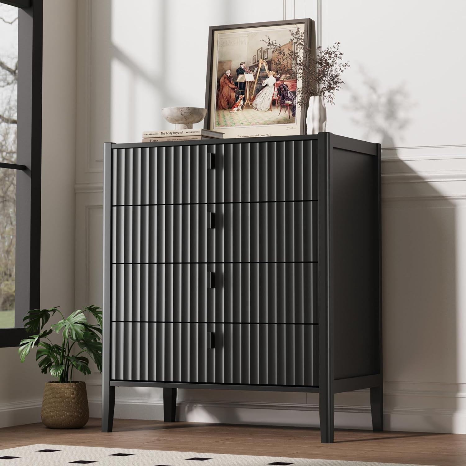 FURNIWAY Black Dresser for Bedroom, 4 Drawers Dresser Wood Storage Tower Clothes Organizer, Chest of 4 Drawers, Large Capacity Storage Cabinet, Nightstand for Bedroom, Hallway, Entryway