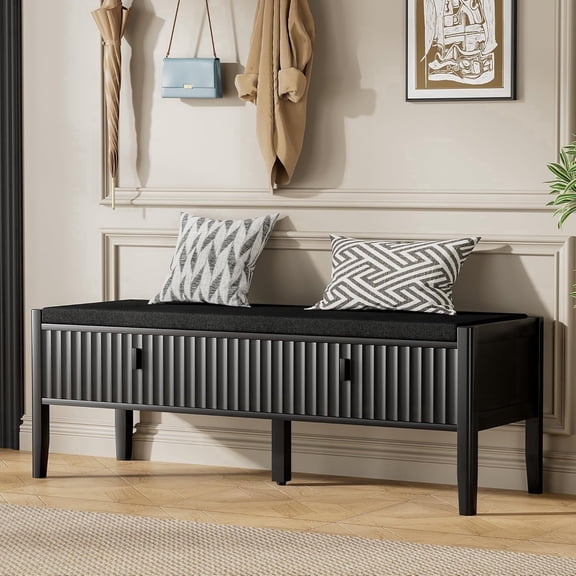 FURNIWAY Black Fluted Shoe Storage Bench with 2 Drawers and Cushioned Seat, 47.2 Inch Entryway Bench with Open Shoe Shelf for Bedroom Living Room Hallway