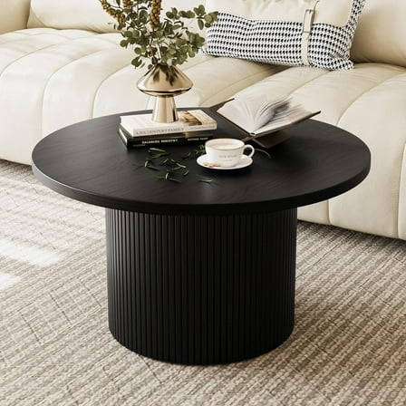 FURNIWAY Black Round Coffee Table with Storage, 35" Coffee Tables for Living Room, Circle Wood Accent Center Table for Apartment