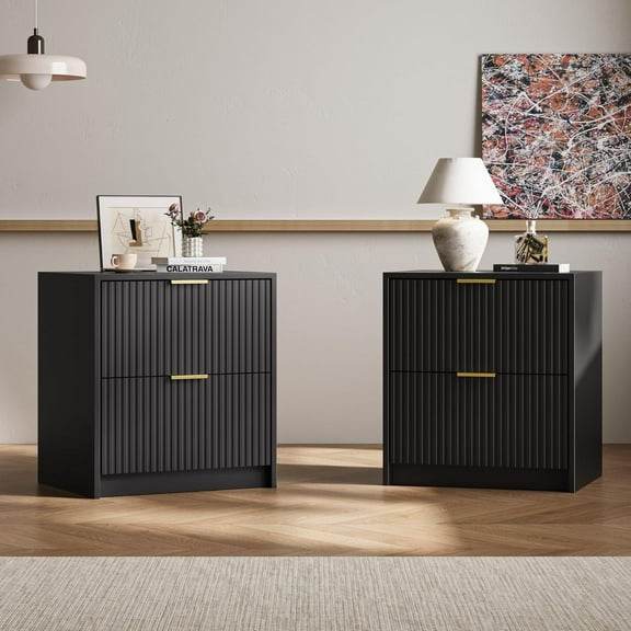 FURNIWAY Black Set of 2 Fluted Nightstands 2 Drawers Modern Bedside Tables Golden Handles for Bedroom Living Room
