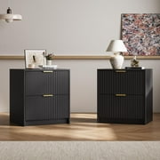 FURNIWAY Black Set of 2 Fluted Nightstands 2 Drawers Modern Bedside Tables Golden Handles for Bedroom Living Room