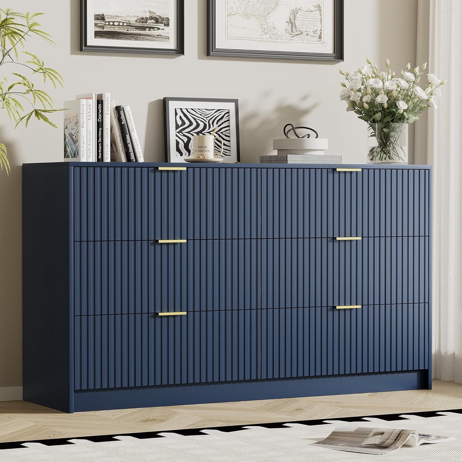 FURNIWAY Blue 6 Drawer Dresser for Bedroom, 55 Inch Wide Modern Chest of Drawers with Fluted Wood Front and Gold Metal Handles for Living Room Hallway
