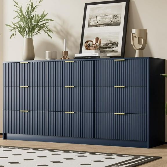 FURNIWAY Blue 9 Drawer Dresser Fluted Modern Wide Chest Gold Handles Storage Cabinet for Bedroom Living Room Entryway