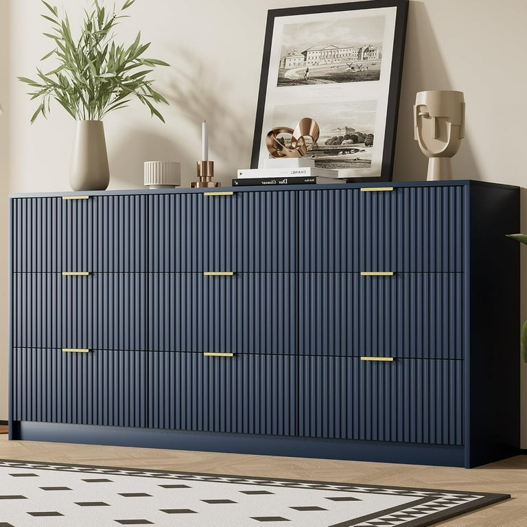FURNIWAY Blue 9 Drawer Dresser Fluted Modern Wide Chest Gold